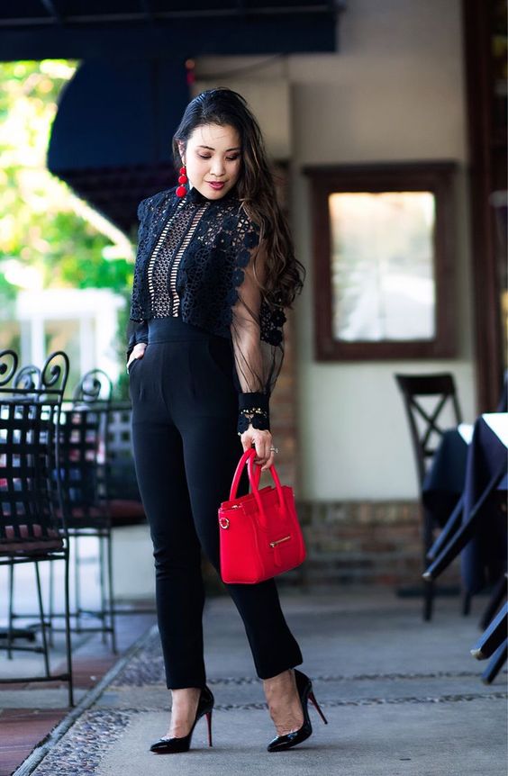 black lace jumpsuit red combination
