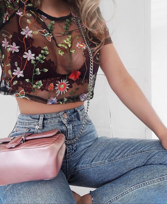 embroidered mesh top jeans with high waist and delicate pink pocket
