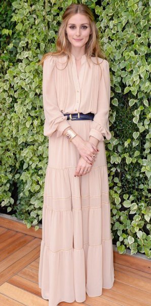 Blush Puff Sleeve Belted Pleated Maxi Dress
