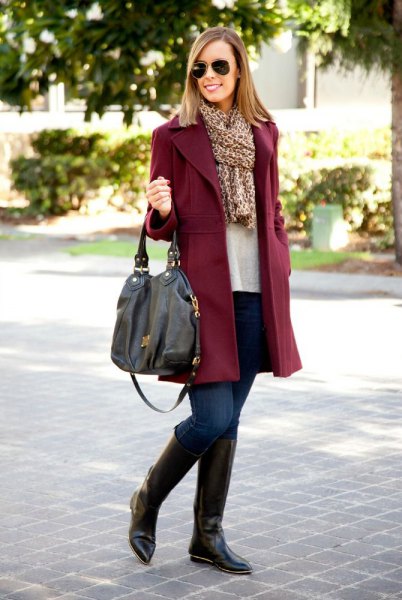 Burgundy coat with leopard print scarf and knee high boots