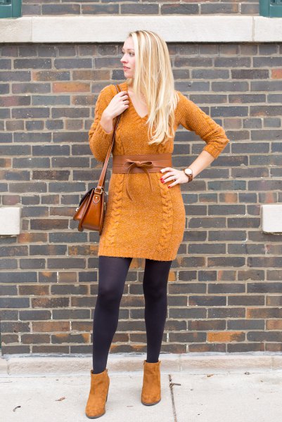 orange suede ankle boots with matching knit sweater dress