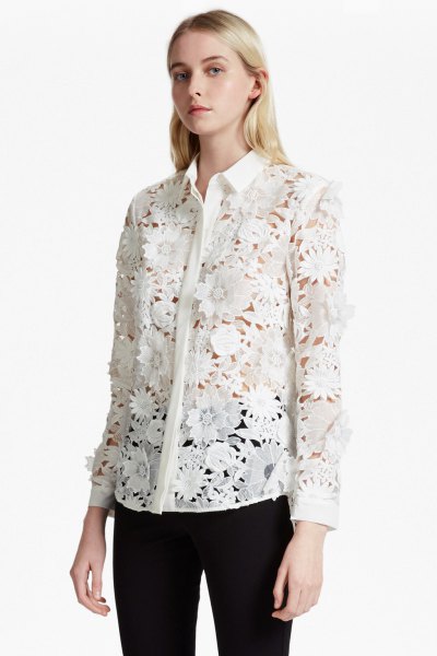 white flowery lace shirt with buttons