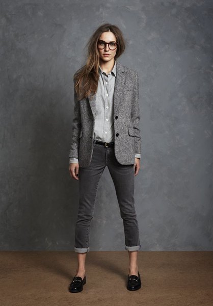 gray wool blazer with chambray shirt and cuffed jeans