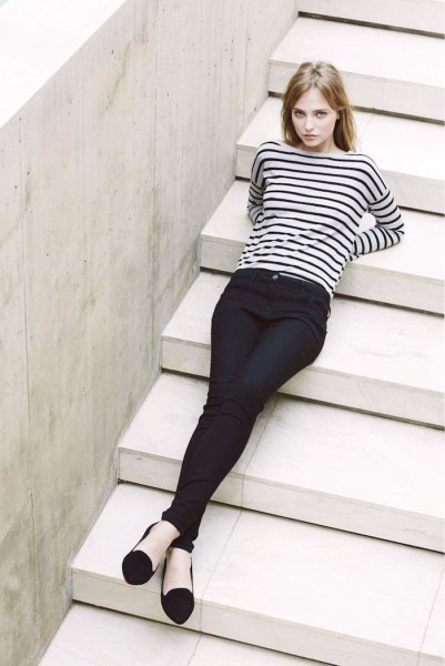 black and white striped long-sleeved top with chinos and ballet flats