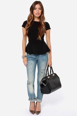 black peplum jeans outfit with cuffs