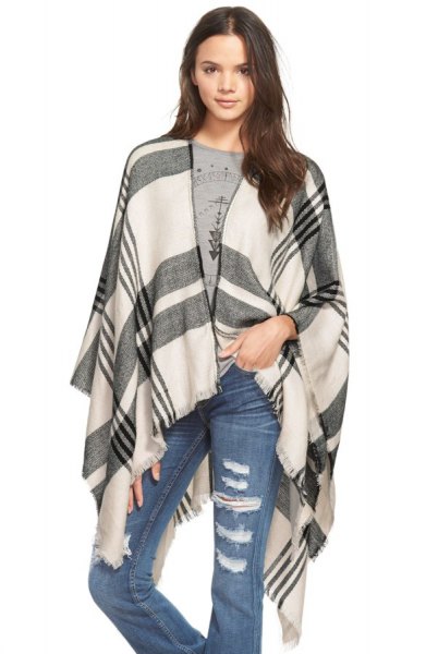 gray and white ripped plaid poncho jeans