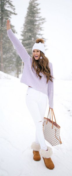 Lavender knit sweater with white skinny jeans