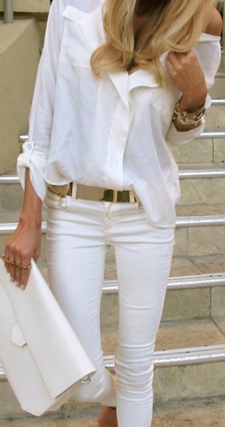 white button-up shirt denim purse