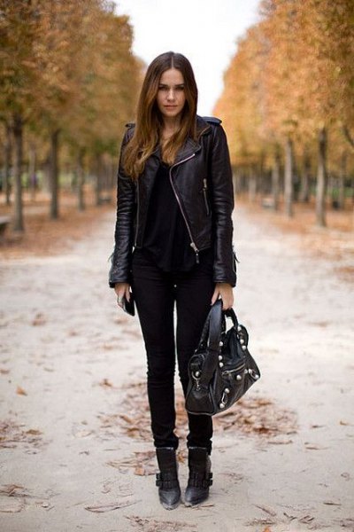 Leather biker jacket outfits for women