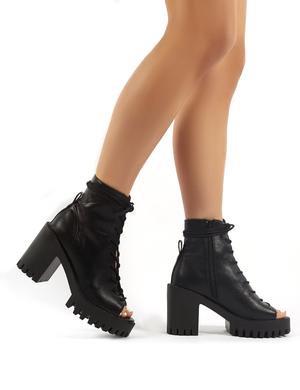 Bassline Black PU Peep Toe Ankle Boots with Chunky Heel |  Publicity .