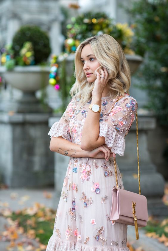 Rose gold dress floral embroidery