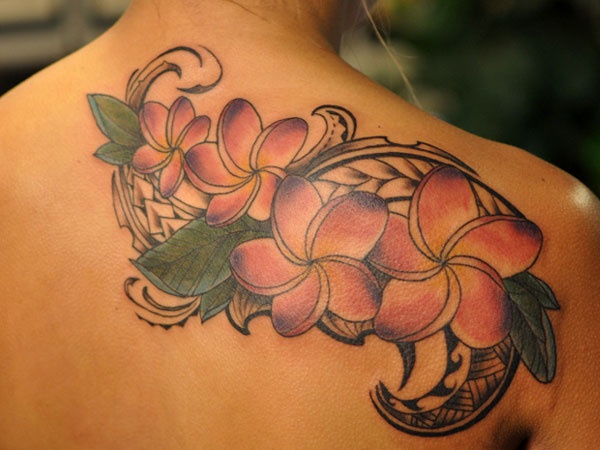 Plumeria tattoo on top back