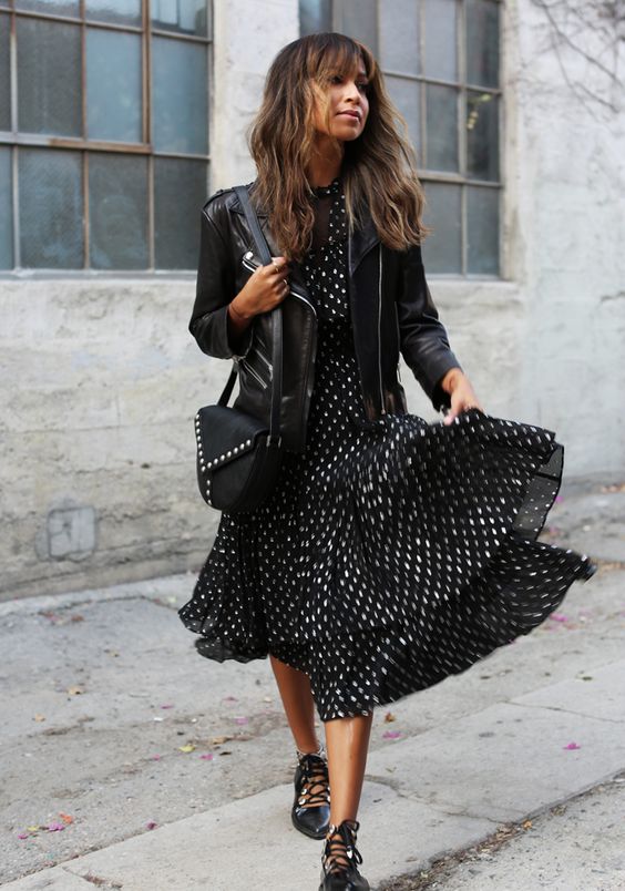black leather jacket polka dot dress