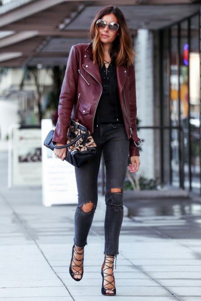 Purple leather jacket outfit ideas