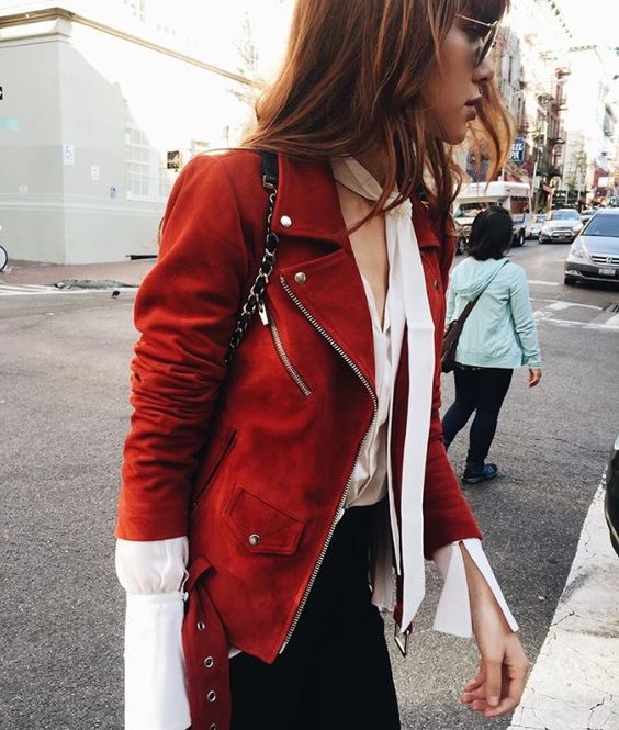 romantic blouse red leather jacket