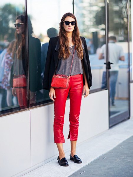 Red leather pants outfit ideas