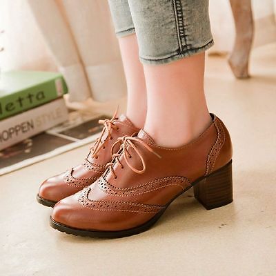 Women Retro Stylish Brogues Lace Up Shoes Ladies Oxford Chunky.