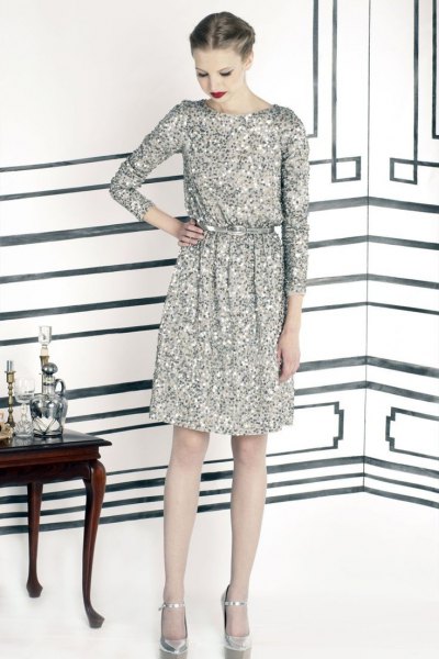 silver long sleeve sequin dress