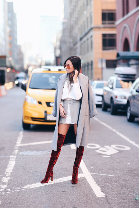 Velvet Burgundy Over The Knee Boots Outfit