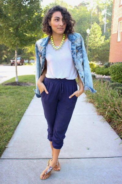 blue washed denim jacket with blue cropped trousers and thong sandals