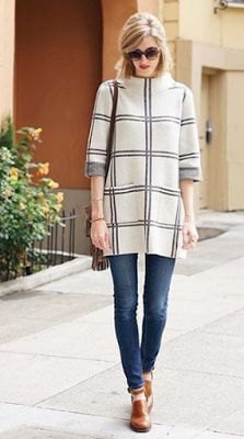 white and gray plaid mock neck tunic sweater