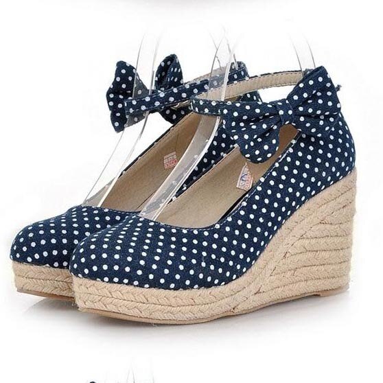 Fashion Polka Dot Canvas Wedge Shoes for Women Sweet Bow Straw.