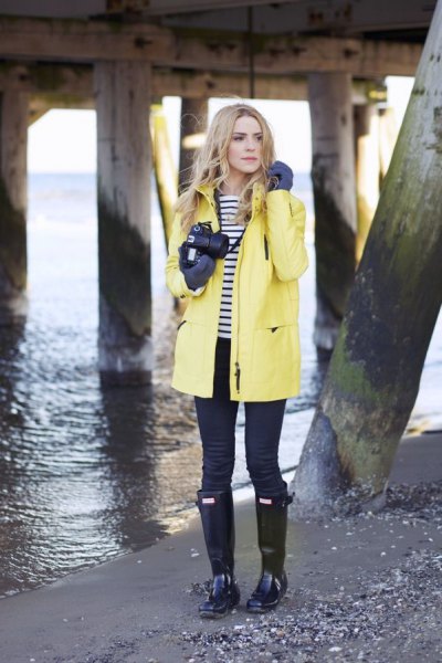 yellow navy blue raincoat and white striped t-shirt