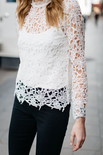 White Long Sleeve Lace Top Outfit Ideas