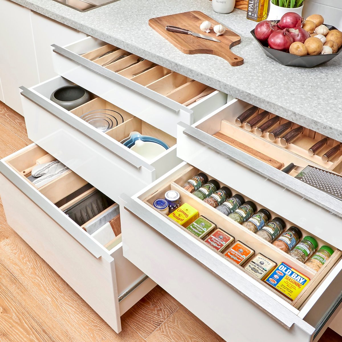 Kitchen drawers provide well-organized storage