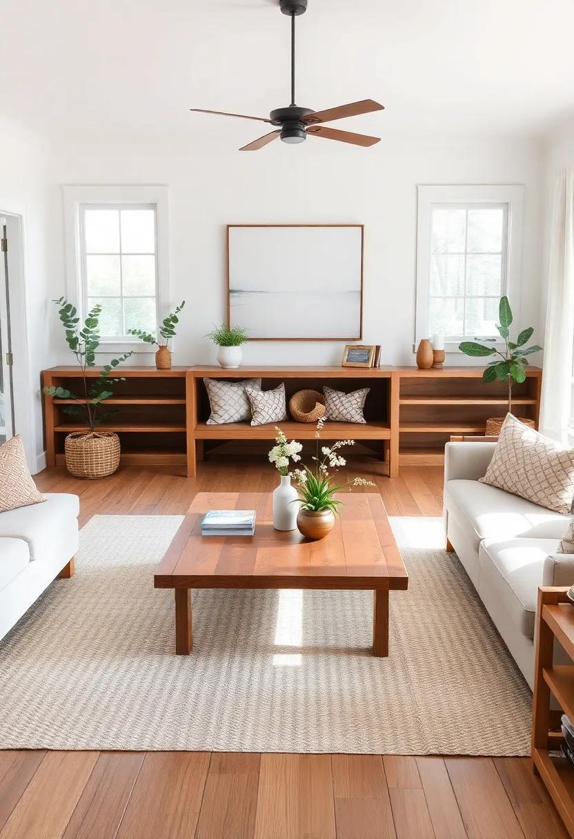 Charming Farmhouse Living Rooms: Embracing Wooden Coffee Tables for Cozy Elegance