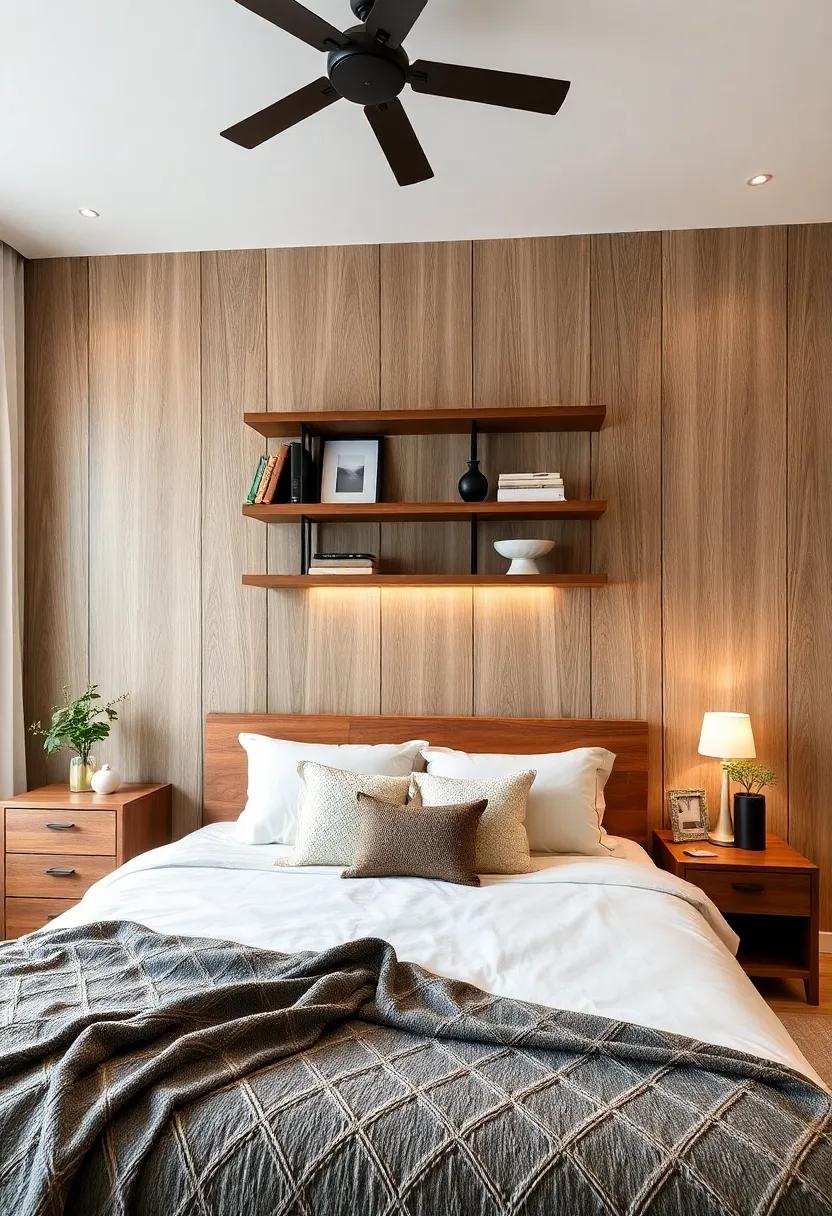 Layered designs: Incorporating Shelving and Lighting with Wood Paneling Ideas