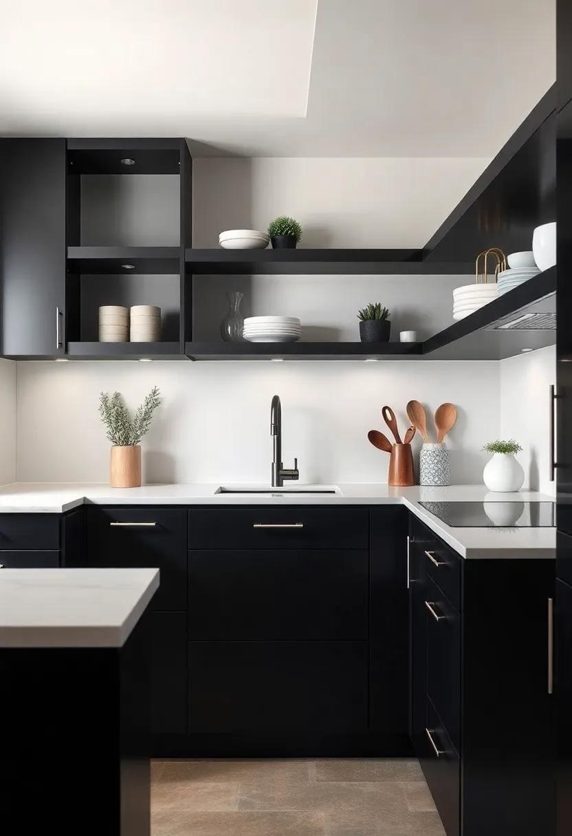 The Art of Open Shelving: Showcasing Beauty Amidst Black Finishes