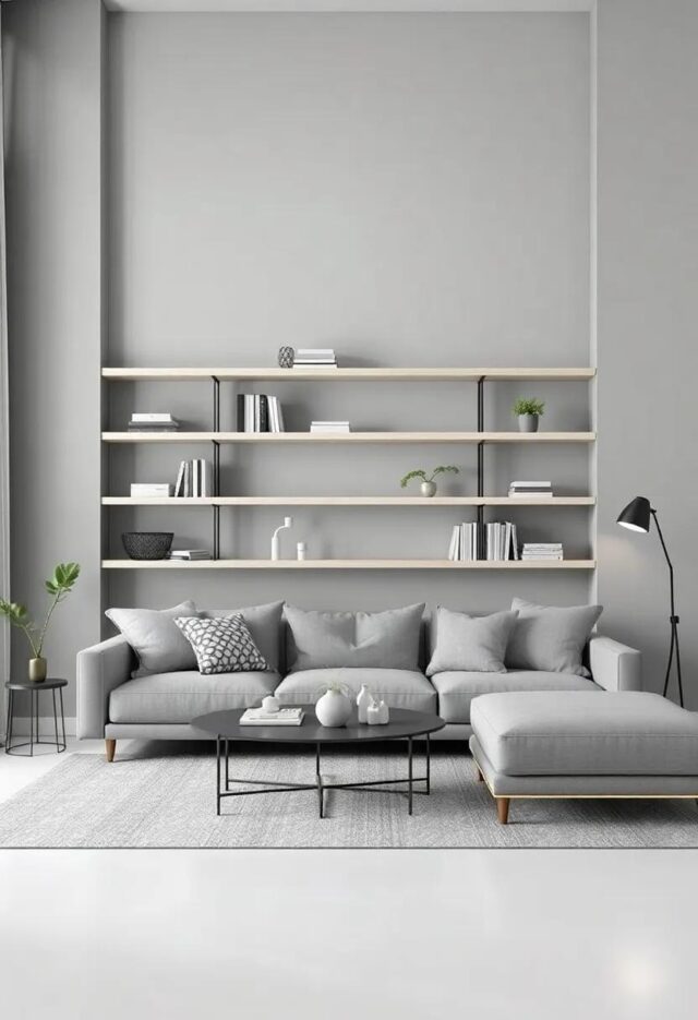 27 Chic Ideas for a Gray Living Room Enhanced by Minimalist Shelving Solutions