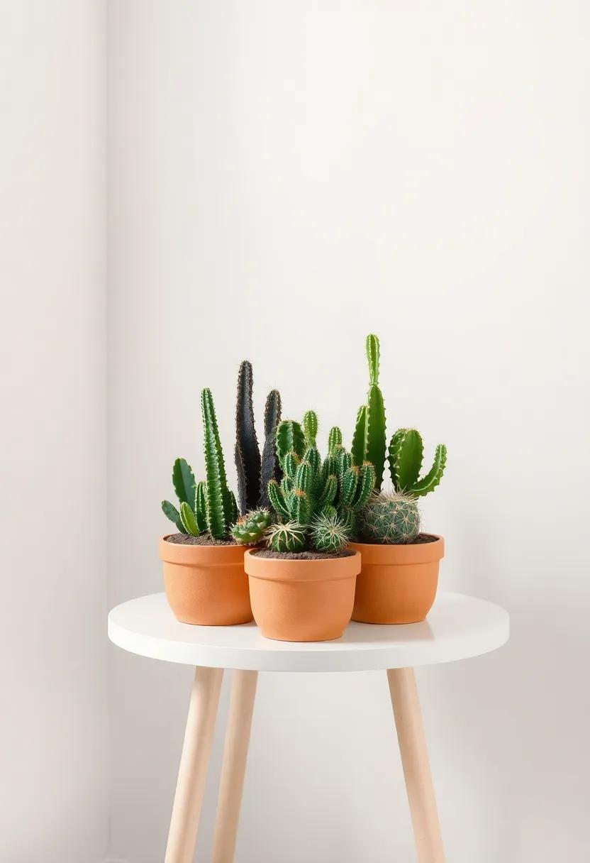 Clustered Cacti: Group various types of cacti in a fun arrangement⁣ on⁣ a⁣ side table to create a unique focal point