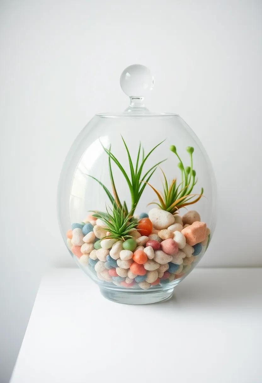 Terrestrial terrariums: Craft a mini-ecosystem in a glass terrarium ⁢with ⁢air plants​ and colorful pebbles ⁣for‌ an enchanting⁤ centerpiece