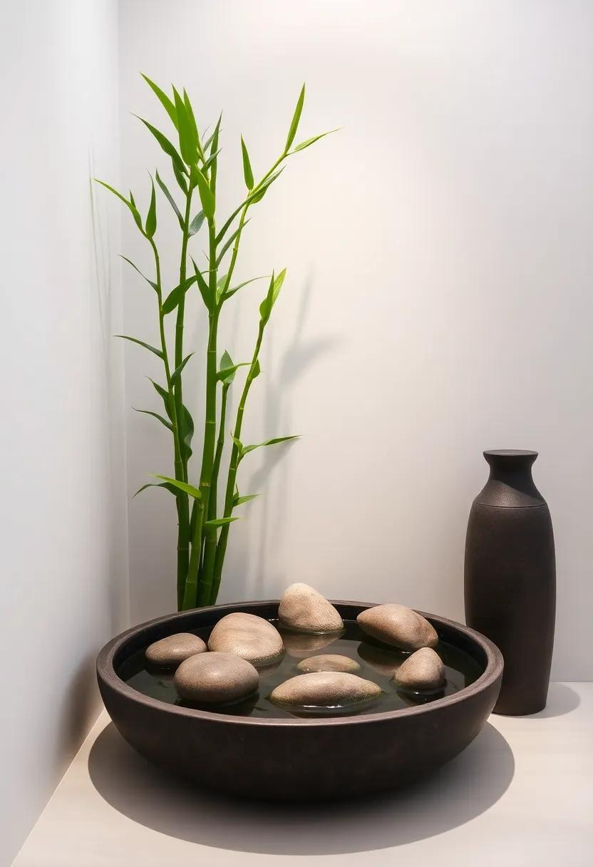 Zen Corner: Create a small ‍zen corner with‍ a‍ bamboo ⁤plant,smooth stones,and⁢ a ⁣small water feature for tranquility