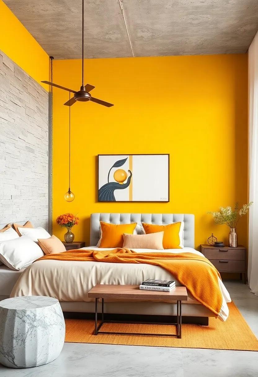 Mustard Yellow and Antique‌ Bronze: Bright and bold​ mustard yellow walls paired with rich antique bronze elements can energize any bedroom while adding vintage charm