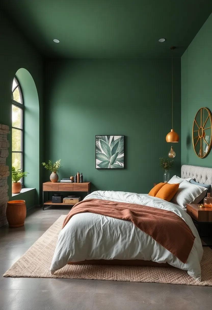Forest Green​ and copper: ⁣Embrace nature with deep green⁣ tones complemented by copper elements, offering a grounded yet sophisticated‌ bedroom vibe
