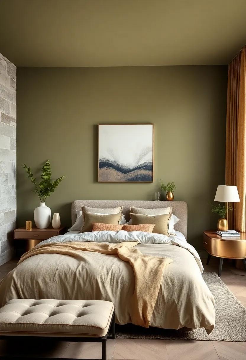 Muted Olive ‌and Gold: This earthy combination⁢ is both soothing and rich, with muted olive ​walls ‍that create a relaxing atmosphere enhanced by luxurious gold accents