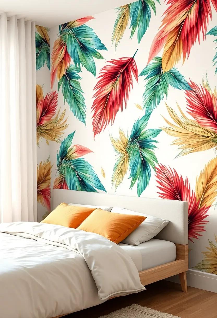 Add a pop ⁣of color​ with a tropical bird ⁤feather-inspired wallpaper ⁤that fuses nature ‌with artistic ⁢flair