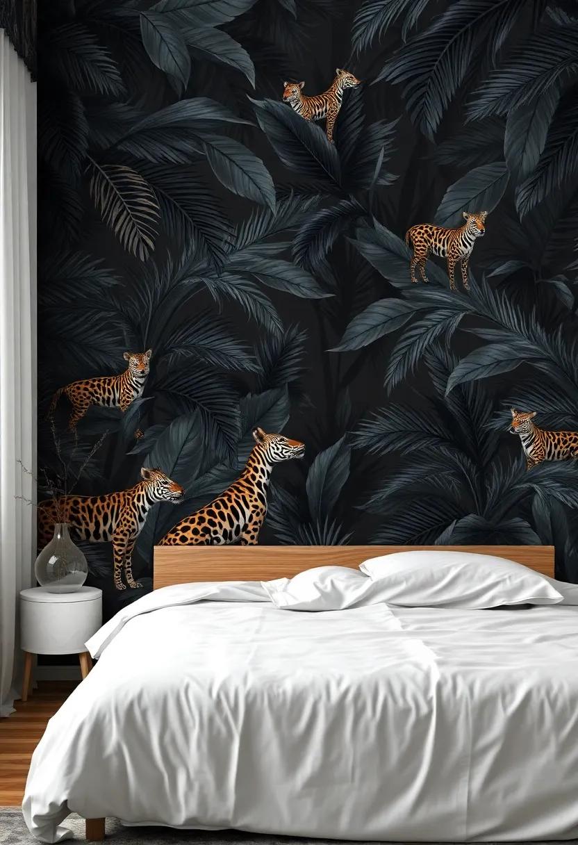 Capture ​the⁤ mystique of a night jungle with ‌dark foliage interspersed⁢ with striking‍ animal motifs