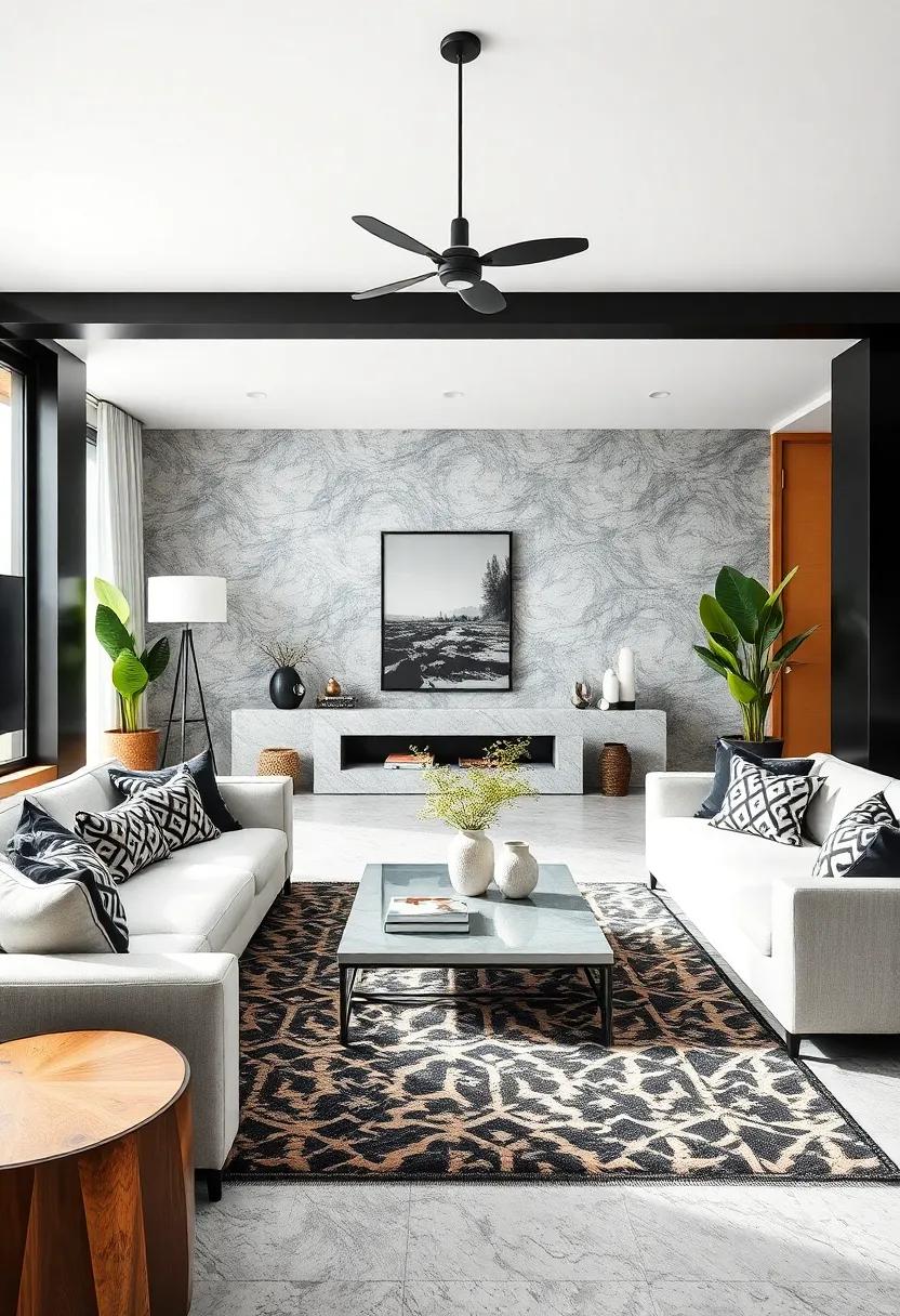 Embrace ⁣Geometric Patterns: ‌Use bold geometric prints on⁤ rugs and cushions to create⁢ visual interest in a black and white living room