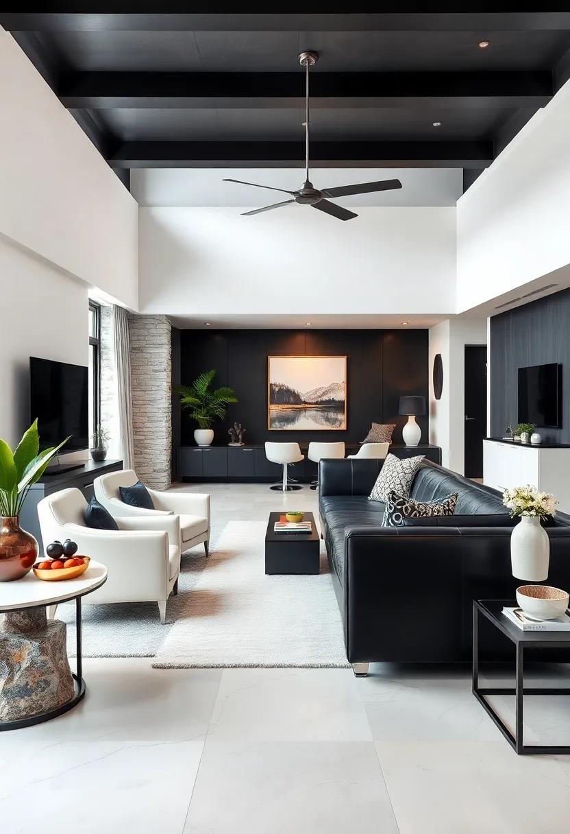 Statement Furniture: Choose a standout piece, like a black⁣ leather ⁢sofa⁤ or ⁣a white accent chair, to anchor your ‌space and set‍ the tone for ‌the color scheme
