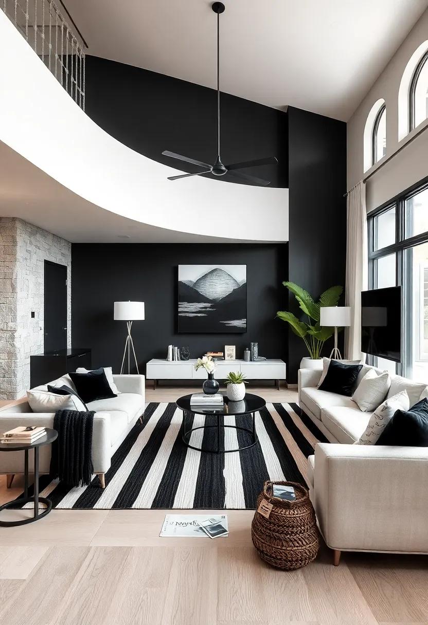 Black and White Striped Rugs: Add an eye-catching striped rug⁣ to ground your living room in style while adding ⁢an element of fun
