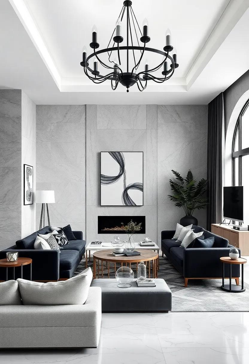 Chandelier accent: Consider a striking black and white‌ chandelier overhead for a bold statement that draws the ⁣eye ⁣upward
