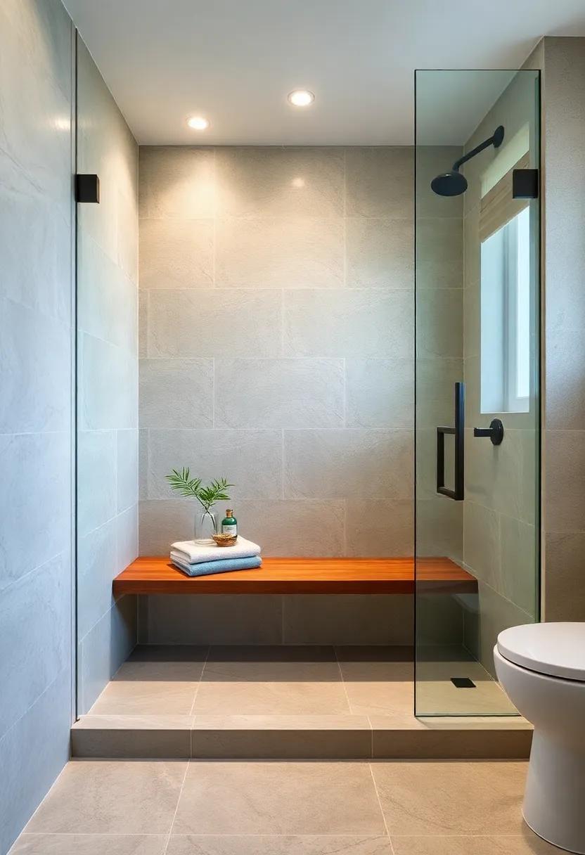 Shower Benches: Add a built-in shower bench made of⁤ teak ⁣wood ‌that ⁣offers both convenience and a spa-like feel