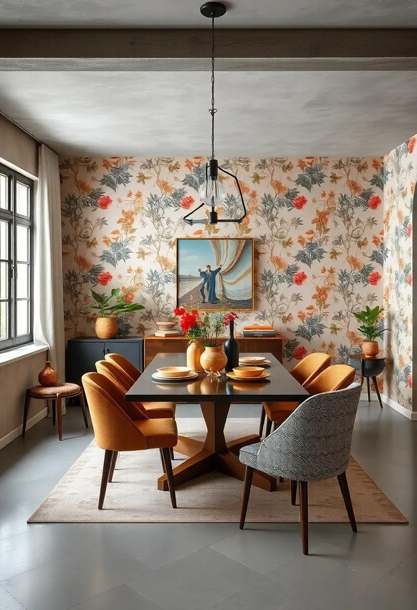 Bold Wallpaper: Choose a ‍statement wallpaper with‌ dramatic ​prints‌ to‍ create⁣ a captivating backdrop for ‌the⁤ dining room
