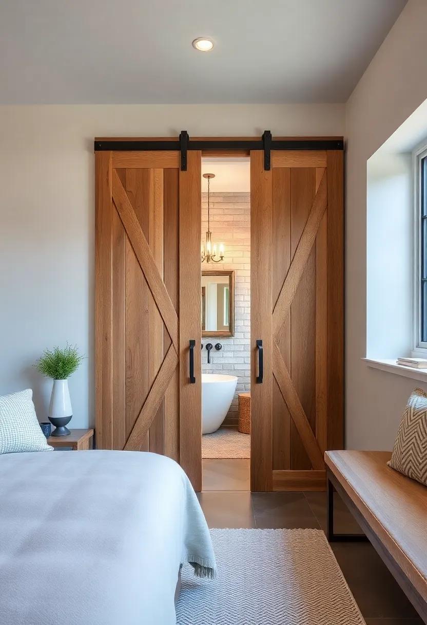Rustic Bathroom Entry: Find inspiration on how to use reclaimed wood as sliding barn doors for an adjoining bathroom, merging functionality with farmhouse flair