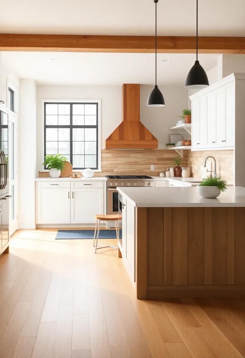 Warm Maple: opt for warm maple flooring to lighten your kitchen's atmosphere, ​balancing rustic with​ contemporary elements