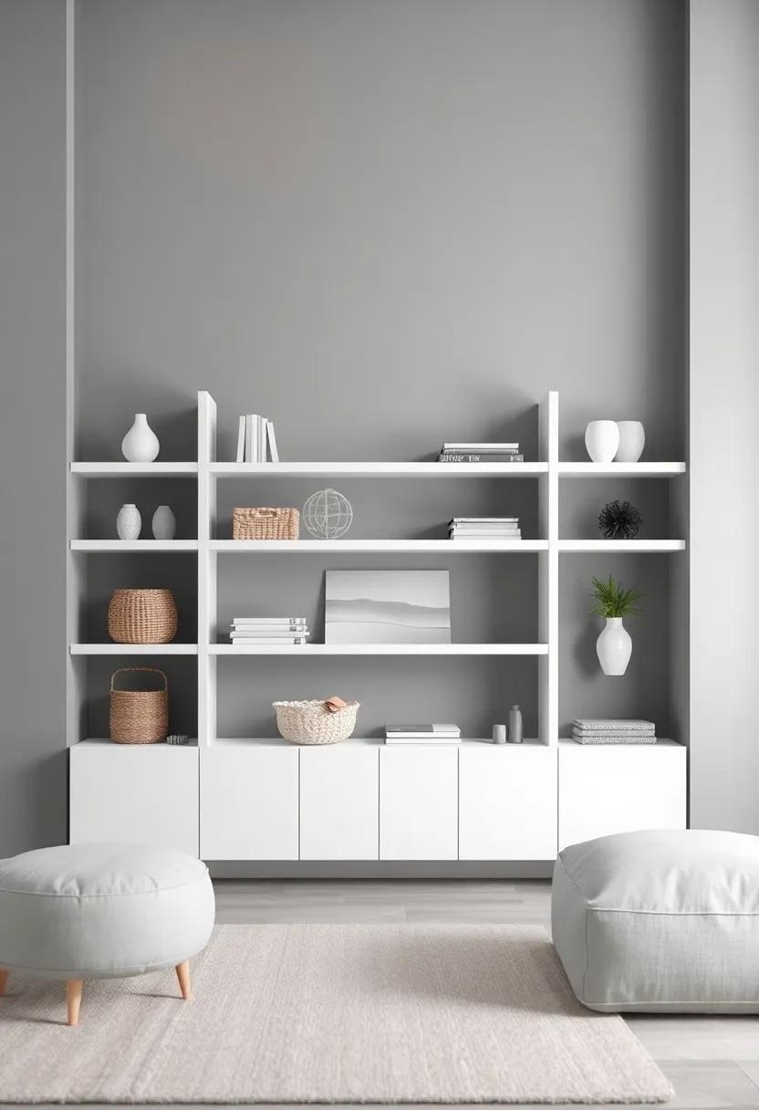 layered Textures: combine smooth shelving materials with textured decor items, like woven baskets or fabric books, to add dimension to your gray space